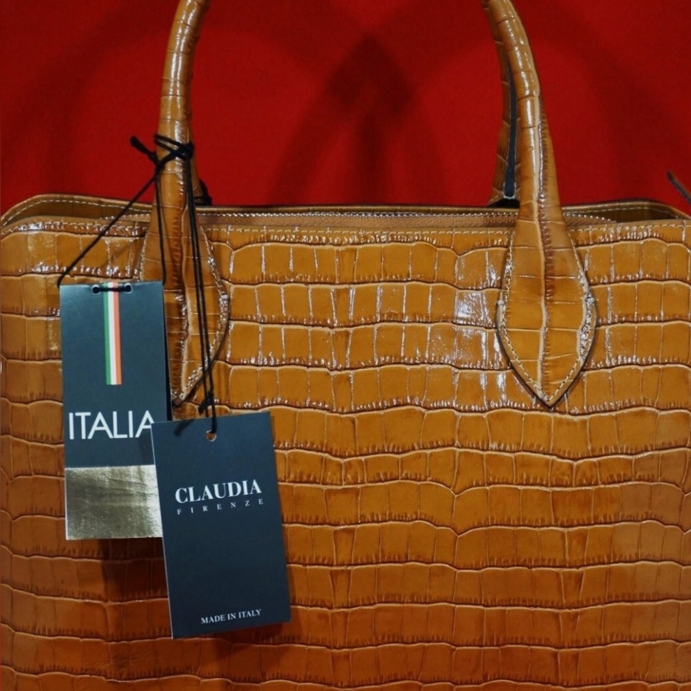 Tan Crocodile Embossed Leather Tote